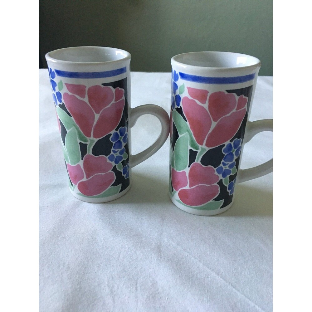 GANZ Vintage LIBBY'S GARDEN 2 Espresso Cappuccino Ceramic Cups Flower Design 5oz